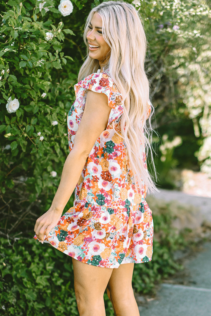 Purple Floral Print Split Neck Flutter Sleeve Dress 🇺🇸