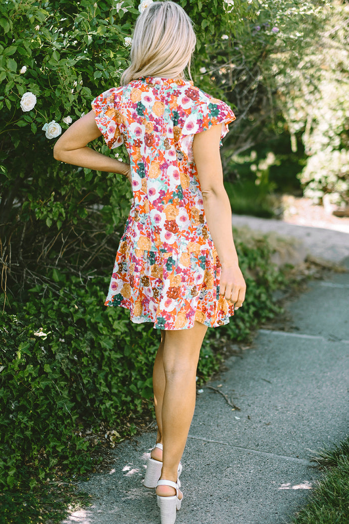 Purple Floral Print Split Neck Flutter Sleeve Dress 🇺🇸
