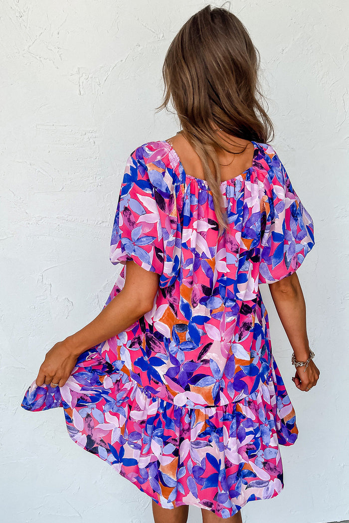 Purple Flower Print Short Puff Sleeve Ruffled Dress 🇺🇸
