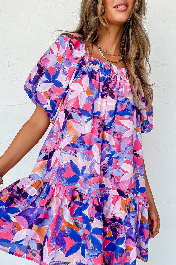 Purple Flower Print Short Puff Sleeve Ruffled Dress 🇺🇸