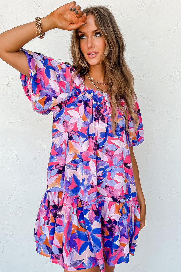 Purple Flower Print Short Puff Sleeve Ruffled Dress 🇺🇸