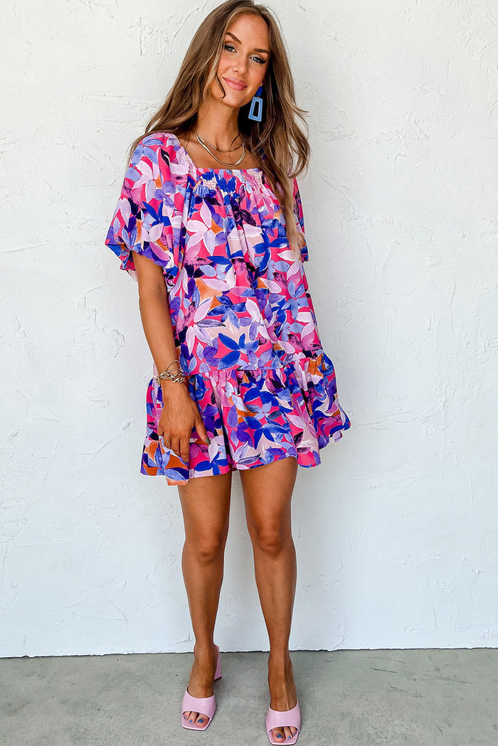 Purple Flower Print Short Puff Sleeve Ruffled Dress 🇺🇸