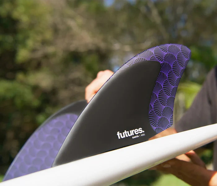 Rasta Honeycomb Keel Futures Fins installed on surfboard view