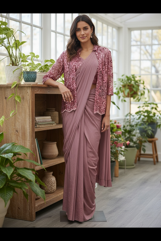 Ready to wear saree with overcoat by Kurti Connection USA