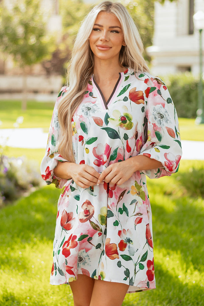 Red Floral Contrast Striped V Neck Puff Half Sleeve Shift Dress 🇺🇸