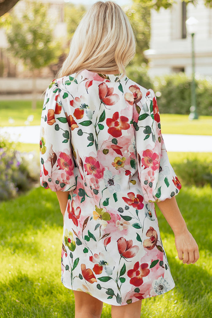 Red Floral Contrast Striped V Neck Puff Half Sleeve Shift Dress 🇺🇸