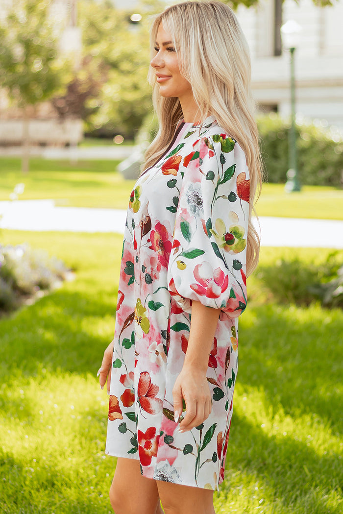 Red Floral Contrast Striped V Neck Puff Half Sleeve Shift Dress 🇺🇸