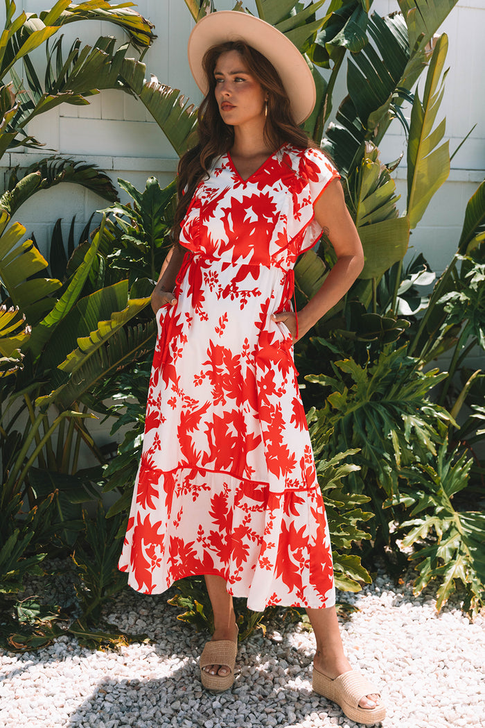 Red Floral Print Trimmed V Neck Ruffle Sleeve Long Dress 🇺🇸