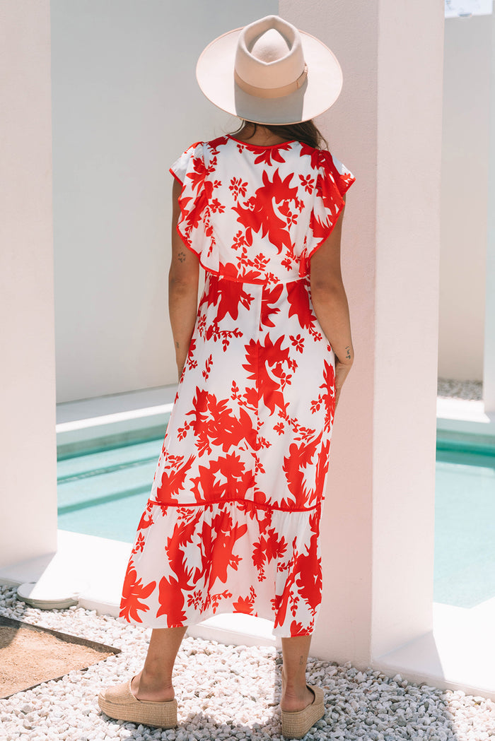 Red Floral Print Trimmed V Neck Ruffle Sleeve Long Dress 🇺🇸