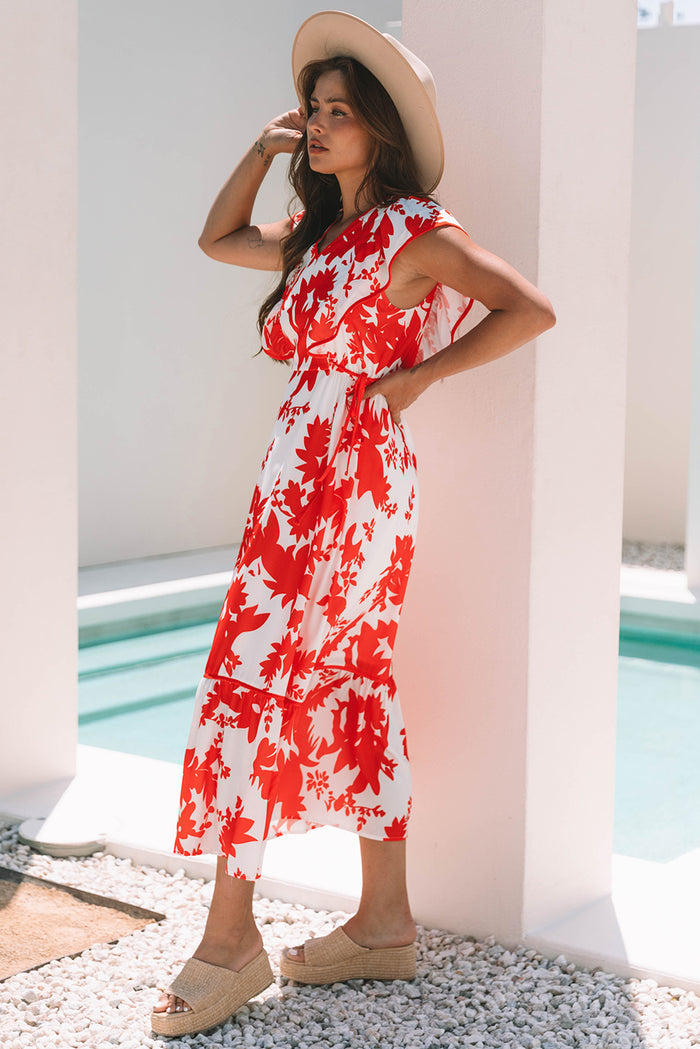 Red Floral Print Trimmed V Neck Ruffle Sleeve Long Dress 🇺🇸