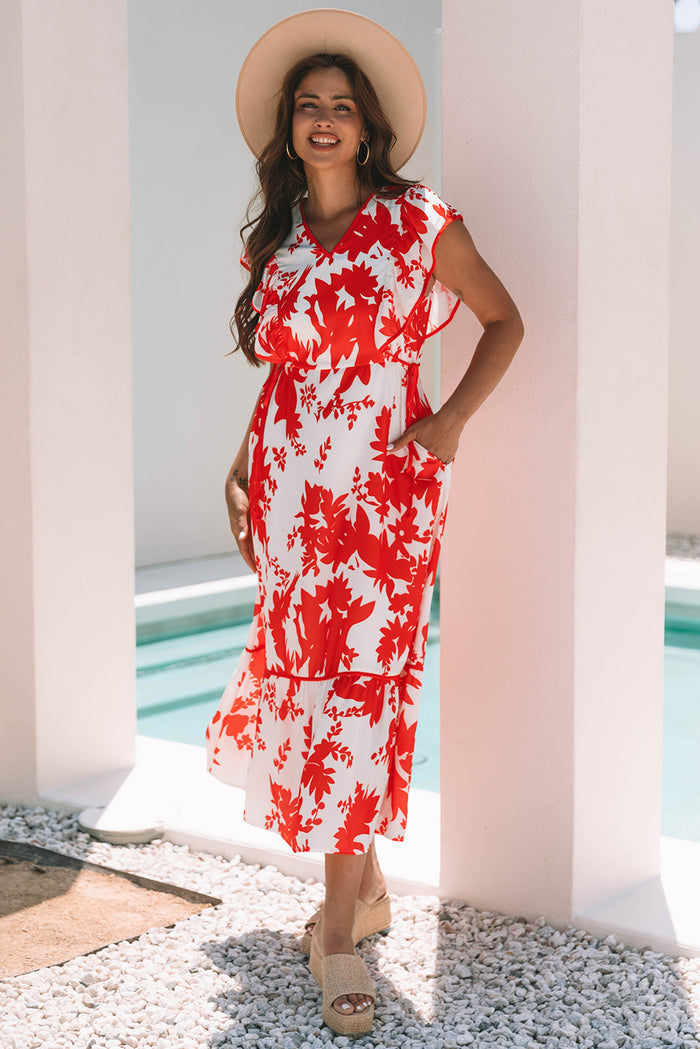 Red Floral Print Trimmed V Neck Ruffle Sleeve Long Dress 🇺🇸
