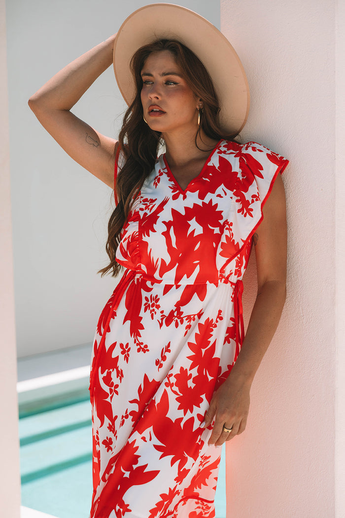 Red Floral Print Trimmed V Neck Ruffle Sleeve Long Dress 🇺🇸