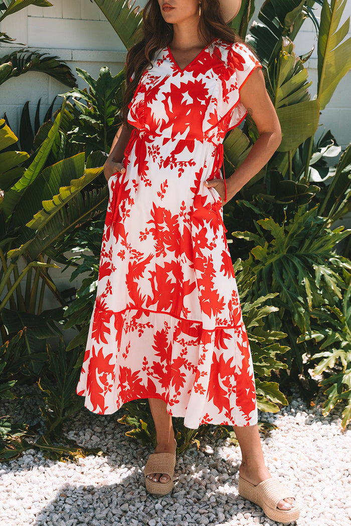 Red Floral Print Trimmed V Neck Ruffle Sleeve Long Dress 🇺🇸