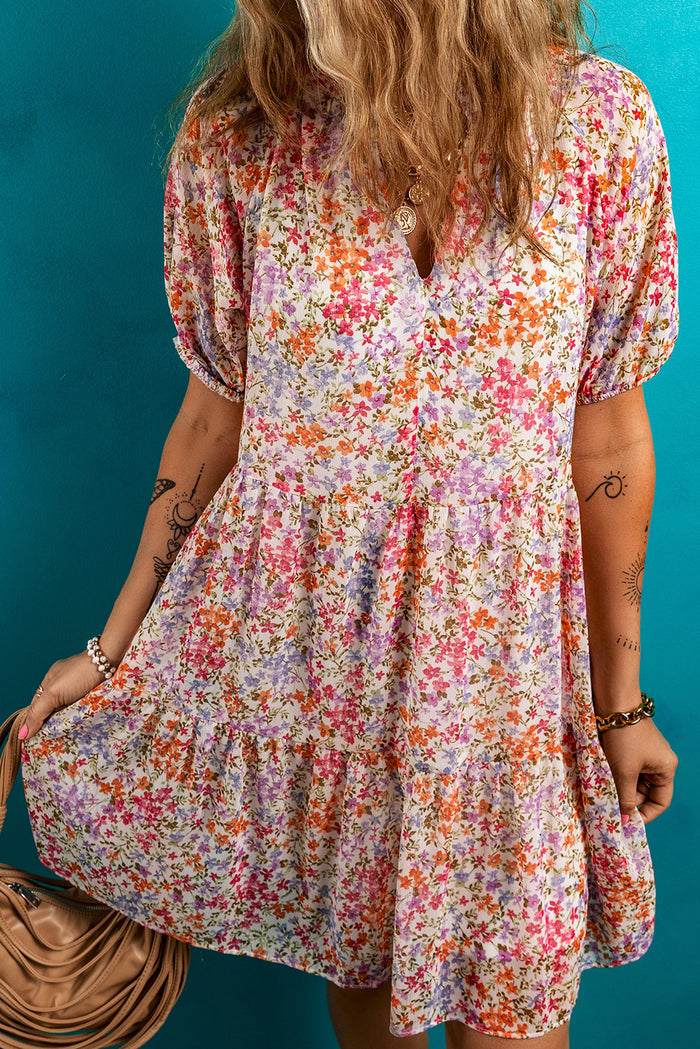 Red Floral Puff Sleeve Notched V Neck Tiered Mini Dress 🇺🇸