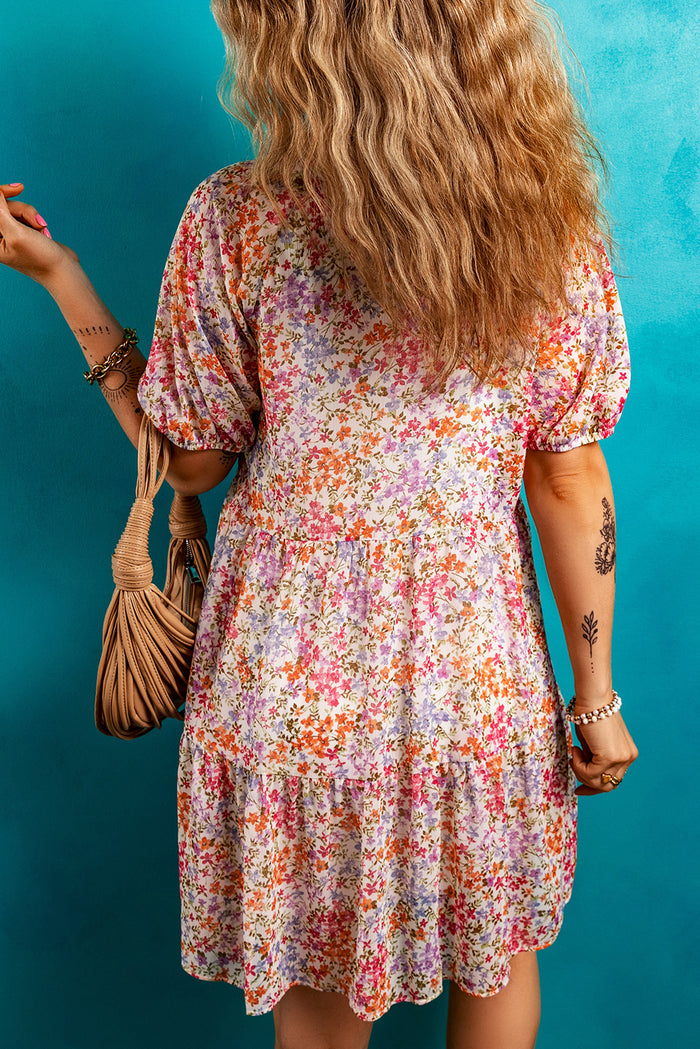 Red Floral Puff Sleeve Notched V Neck Tiered Mini Dress 🇺🇸