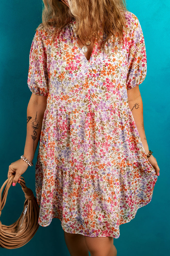Red Floral Puff Sleeve Notched V Neck Tiered Mini Dress 🇺🇸