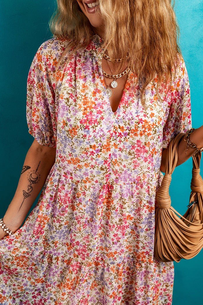 Red Floral Puff Sleeve Notched V Neck Tiered Mini Dress 🇺🇸