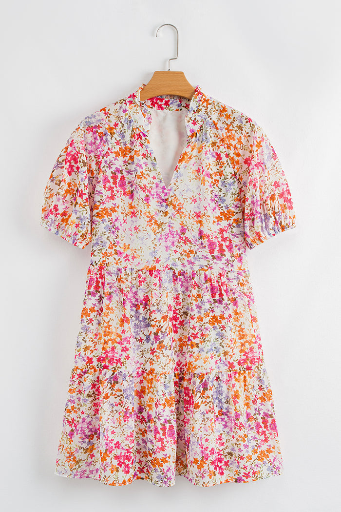 Red Floral Puff Sleeve Notched V Neck Tiered Mini Dress 🇺🇸