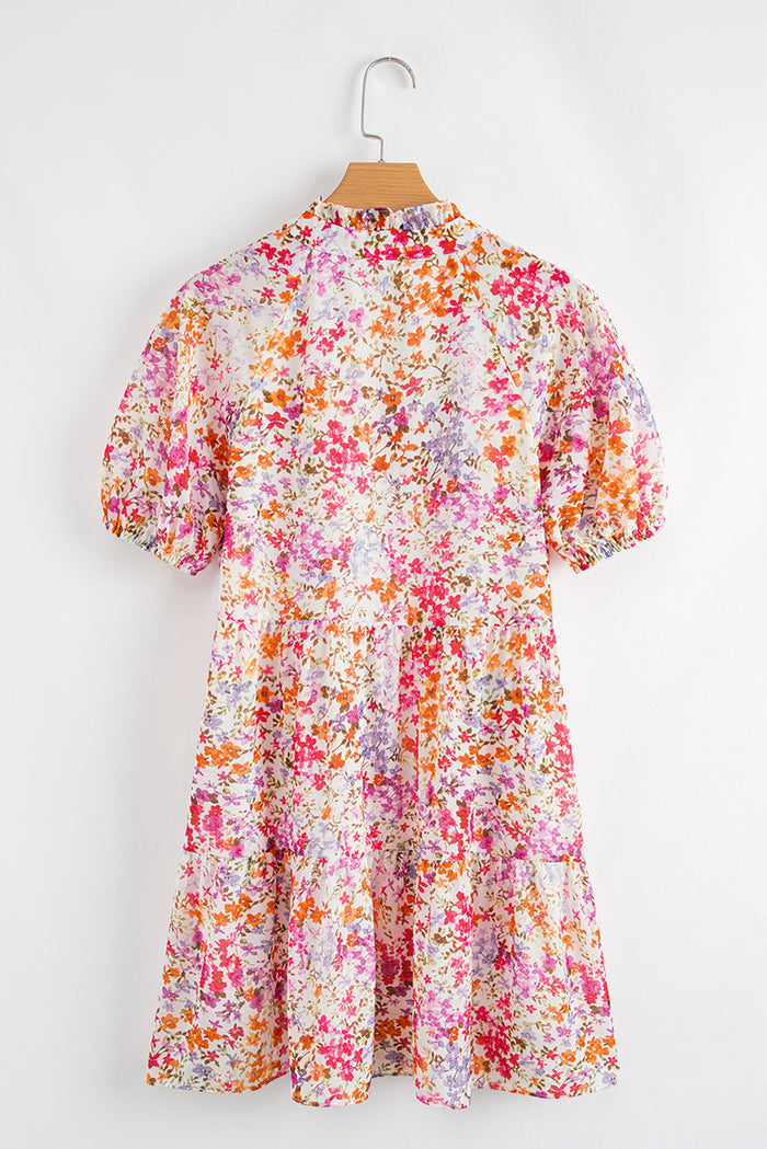 Red Floral Puff Sleeve Notched V Neck Tiered Mini Dress 🇺🇸