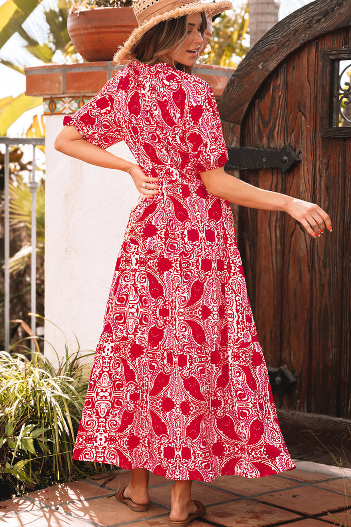 Red Paisley Print Side Slit Puff Sleeve High Waist Maxi Dress 🇺🇸