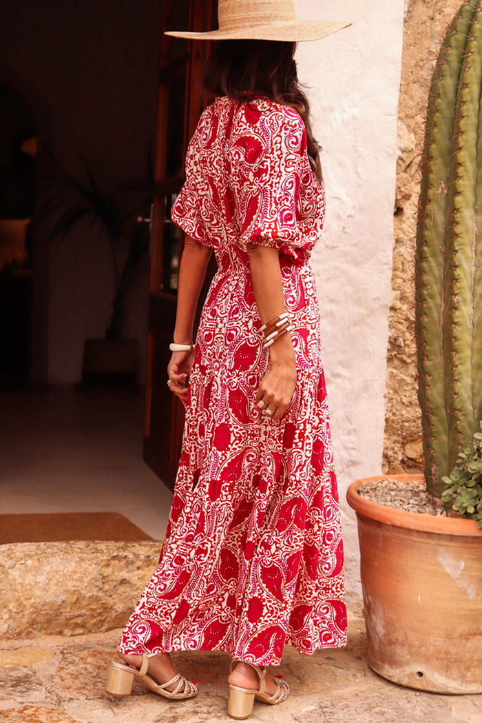 Red Paisley Print Side Slit Puff Sleeve High Waist Maxi Dress 🇺🇸