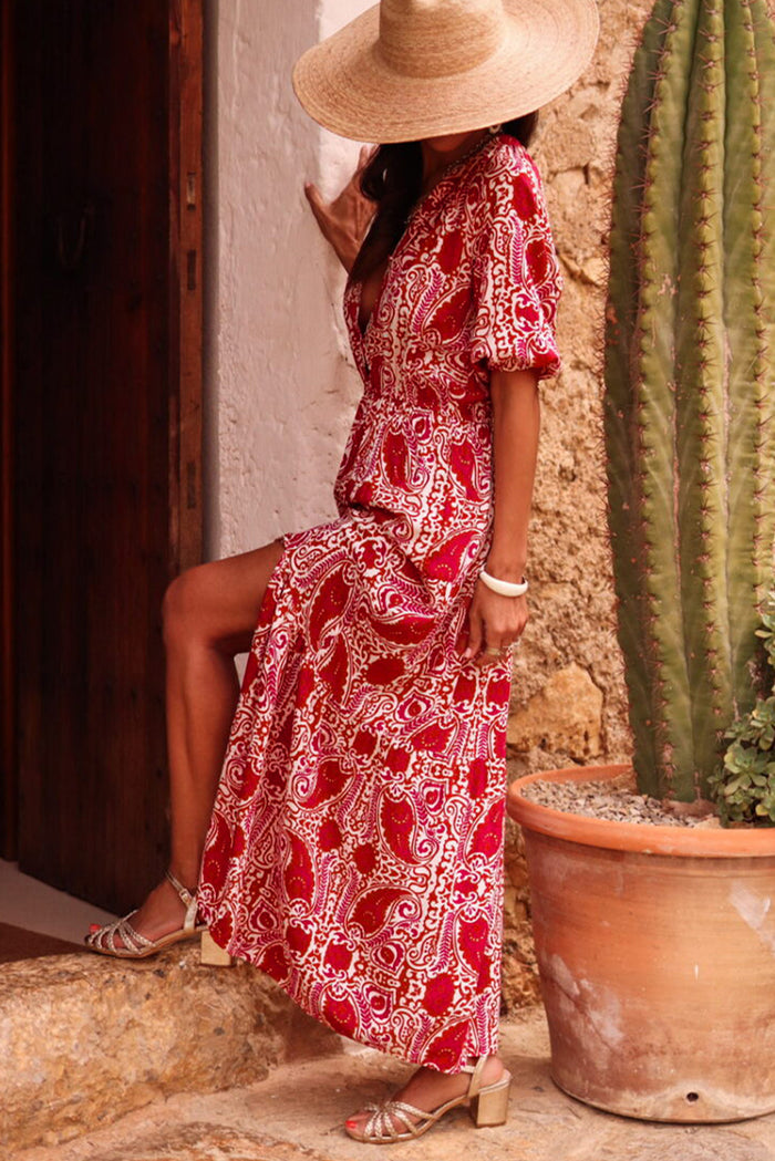 Red Paisley Print Side Slit Puff Sleeve High Waist Maxi Dress 🇺🇸