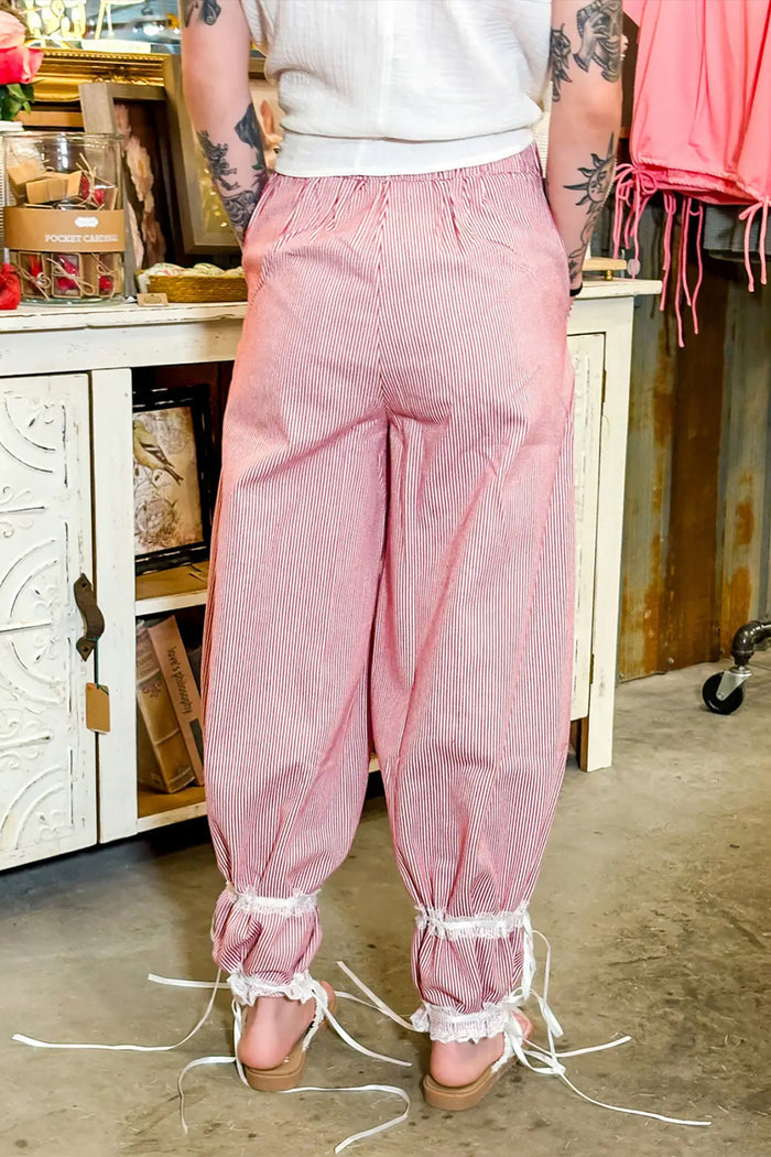 Red Stripe Contrast Lace Ribbon Tie Detail Wide Leg Pants 🇺🇸