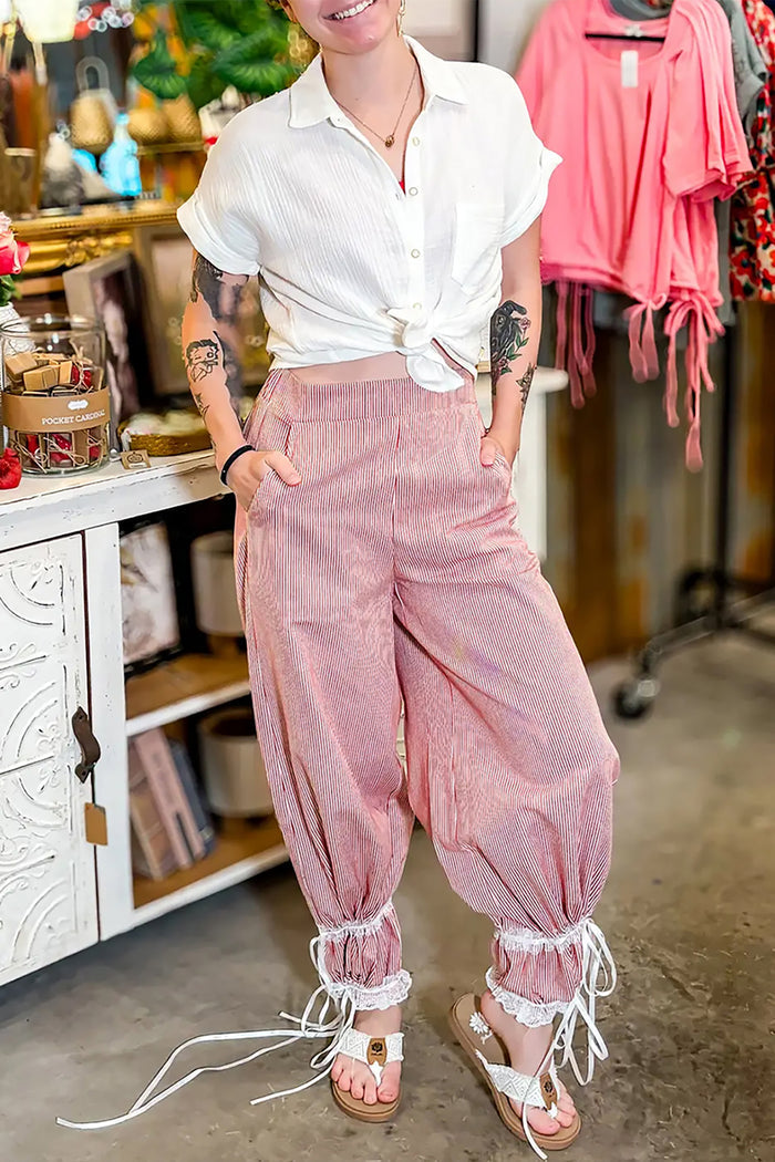 Red Stripe Contrast Lace Ribbon Tie Detail Wide Leg Pants 🇺🇸