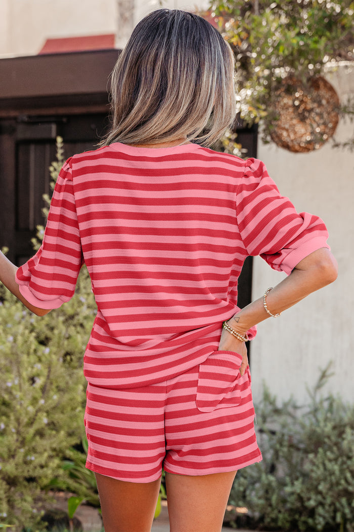 Red Stripe Puff Short Sleeve T Shirt Matching Shorts Set 🇺🇸