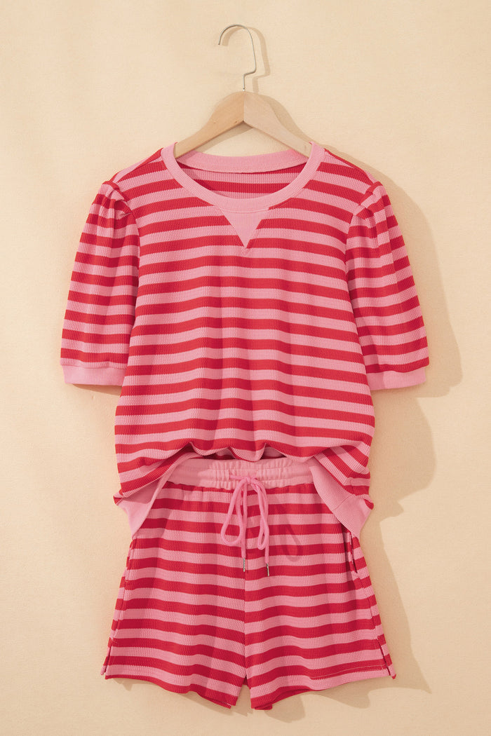 Red Stripe Puff Short Sleeve T Shirt Matching Shorts Set 🇺🇸