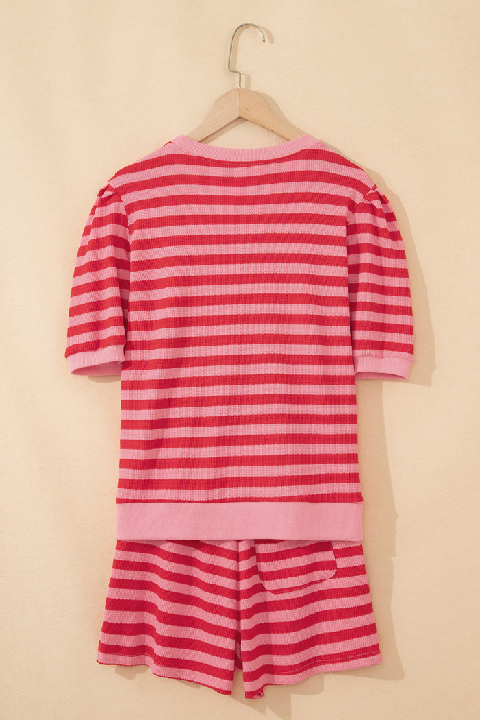 Red Stripe Puff Short Sleeve T Shirt Matching Shorts Set 🇺🇸