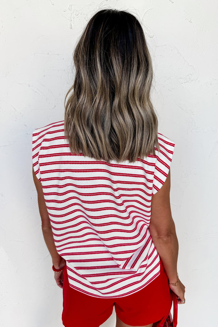 Red Stripe Textured Knit Button Detail Short Sleeve Casual Tee 🇺🇸