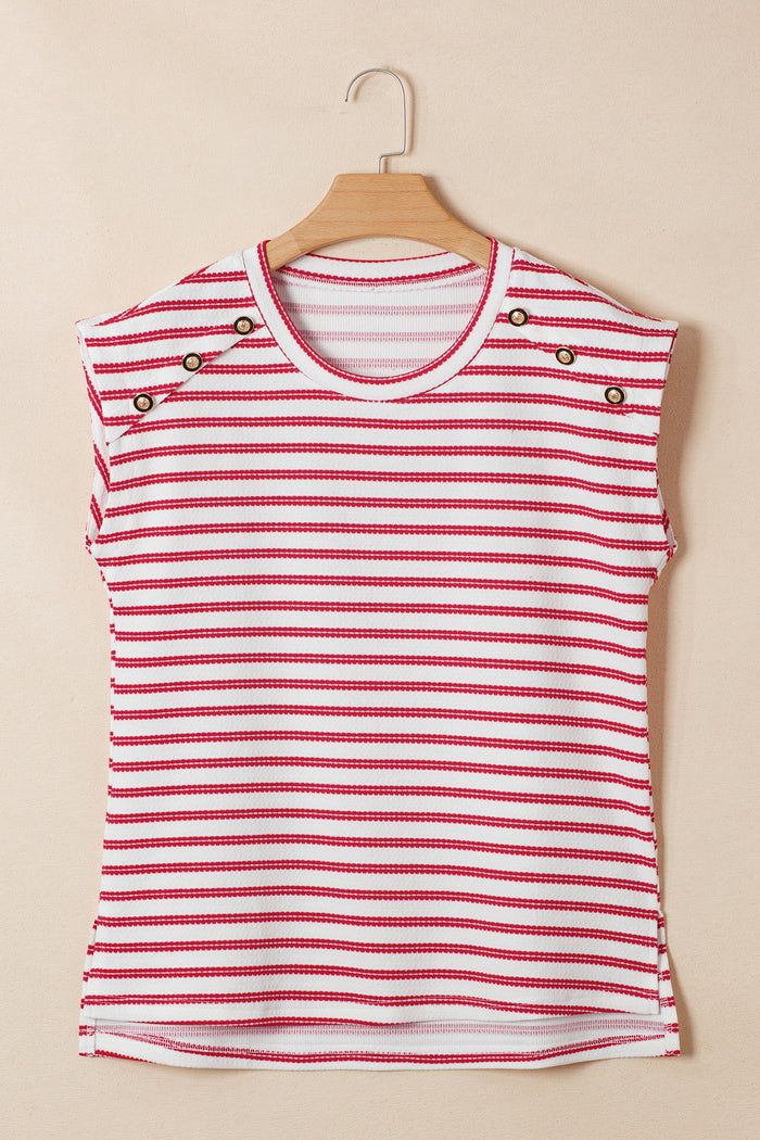 Red Stripe Textured Knit Button Detail Short Sleeve Casual Tee 🇺🇸