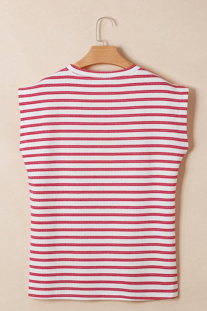 Red Stripe Textured Knit Button Detail Short Sleeve Casual Tee 🇺🇸