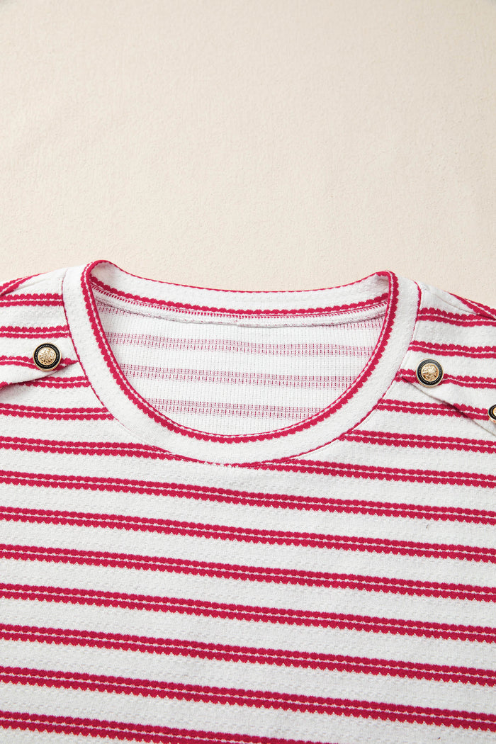 Red Stripe Textured Knit Button Detail Short Sleeve Casual Tee 🇺🇸