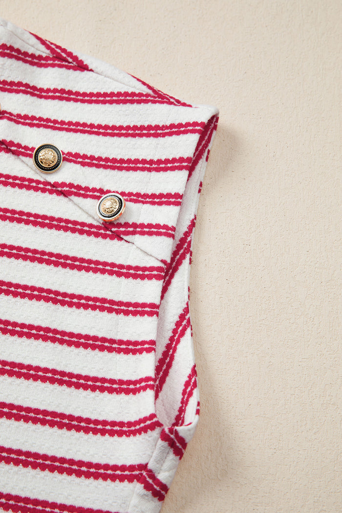 Red Stripe Textured Knit Button Detail Short Sleeve Casual Tee 🇺🇸