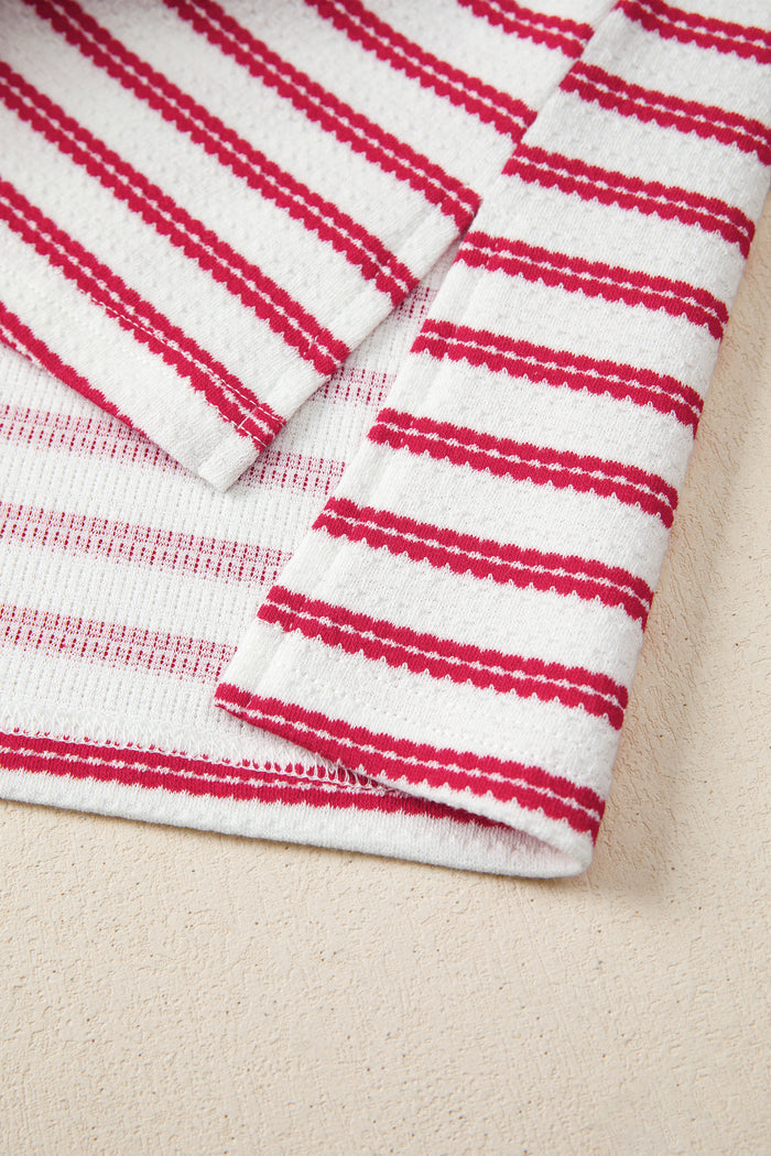 Red Stripe Textured Knit Button Detail Short Sleeve Casual Tee 🇺🇸