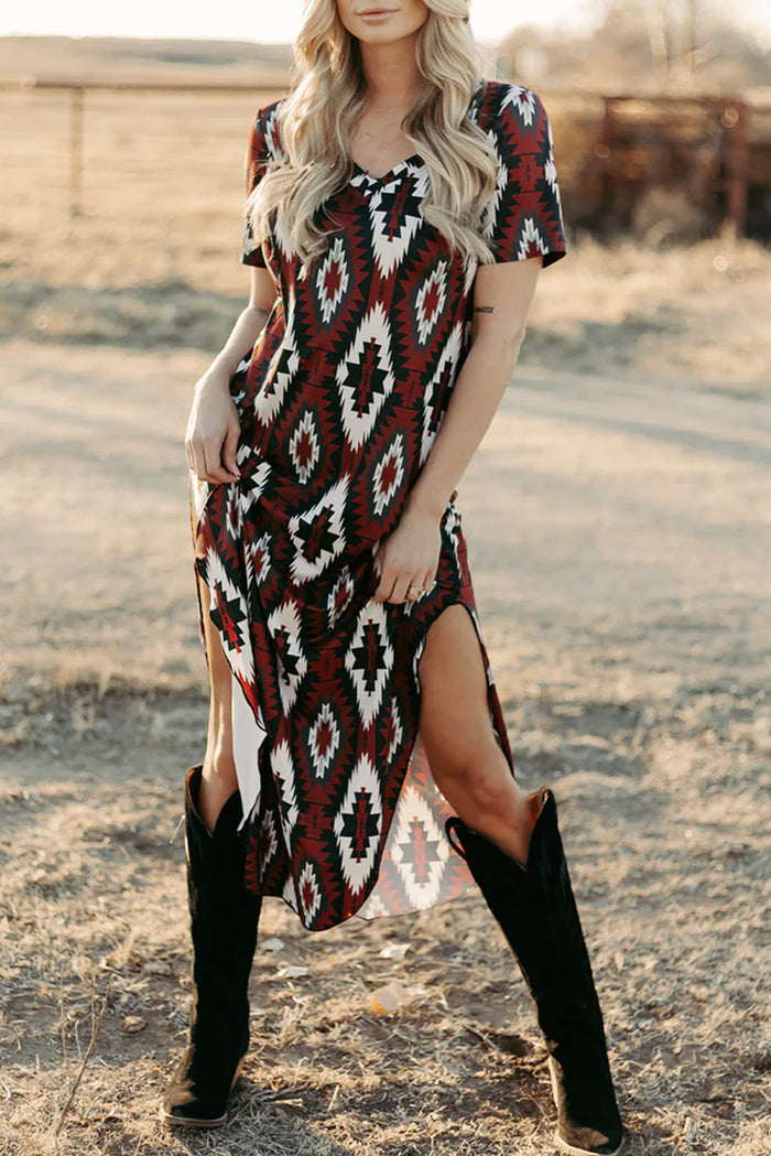 Red Western Aztec Printed Long T-shirt Dress 🇺🇸