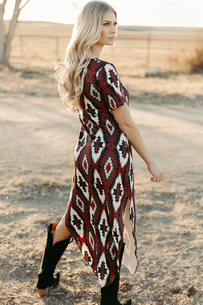 Red Western Aztec Printed Long T-shirt Dress 🇺🇸