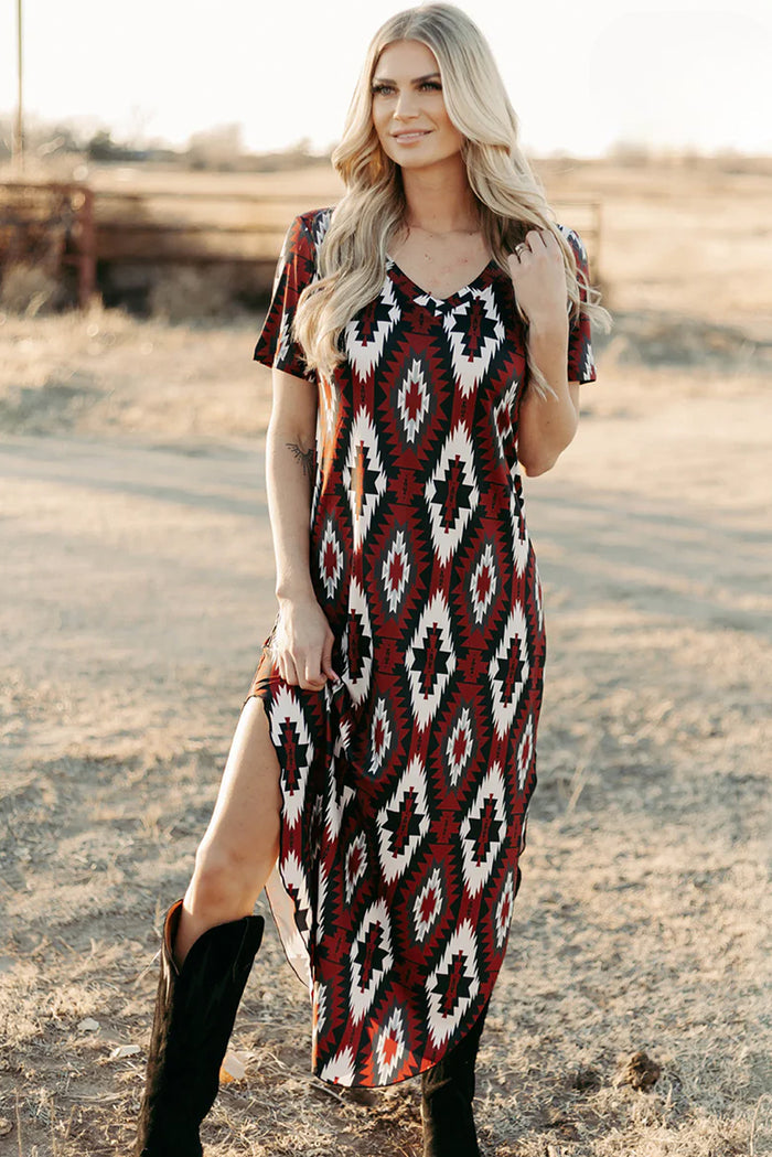 Red Western Aztec Printed Long T-shirt Dress 🇺🇸