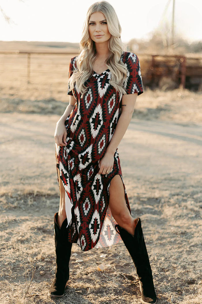 Red Western Aztec Printed Long T-shirt Dress 🇺🇸