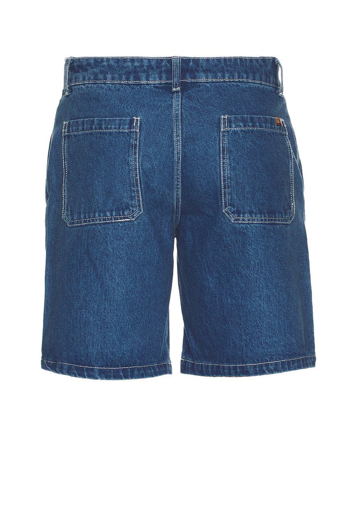 Dark wash Rhythm denim shorts on a white background