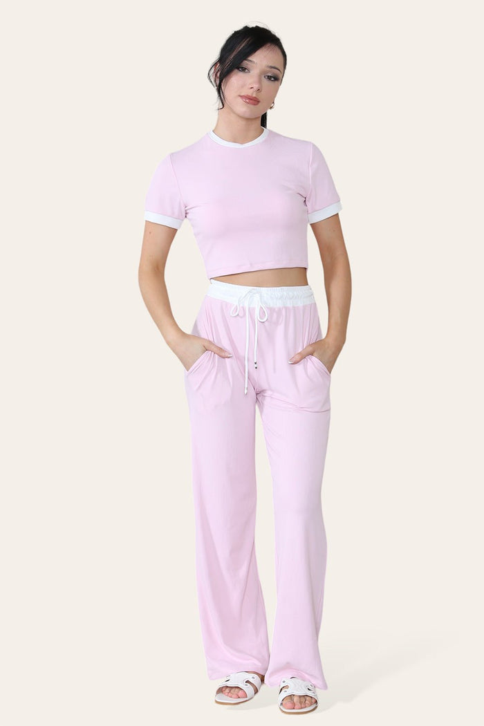 Ribbed Contrast Wide Leg Flared Trousers And Top Loungewear TRS Cropped Set 🇬🇧