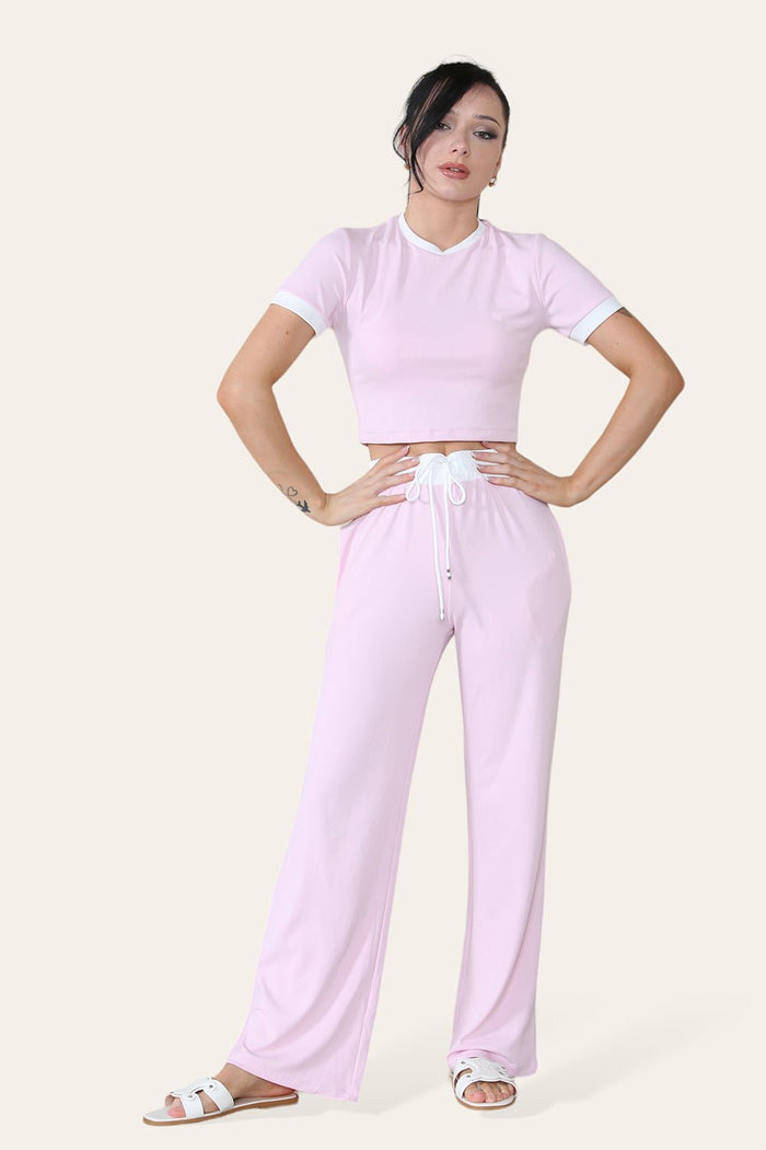 Ribbed Contrast Wide Leg Flared Trousers And Top Loungewear TRS Cropped Set 🇬🇧