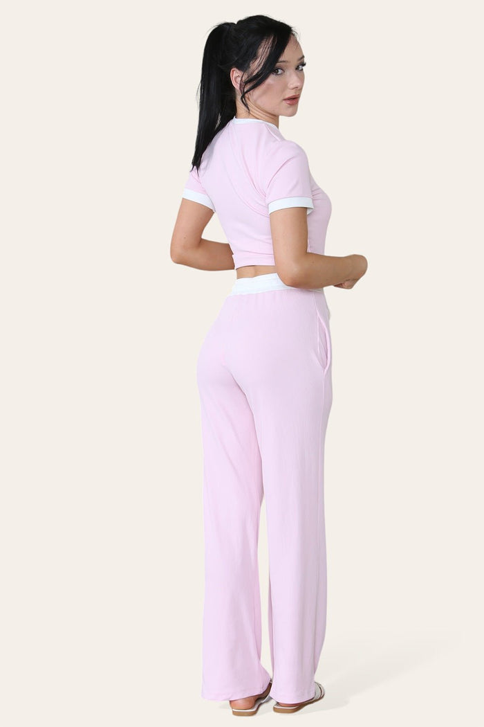 Ribbed Contrast Wide Leg Flared Trousers And Top Loungewear TRS Cropped Set 🇬🇧