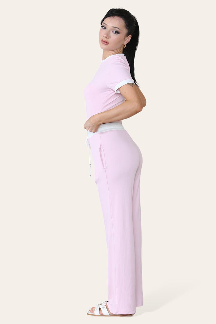 Ribbed Contrast Wide Leg Flared Trousers And Top Loungewear TRS Cropped Set 🇬🇧