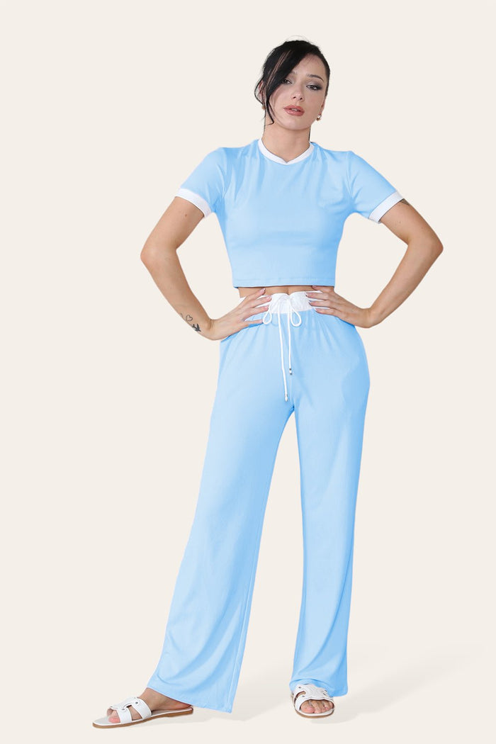 Ribbed Contrast Wide Leg Flared Trousers And Top Loungewear TRS Cropped Set 🇬🇧
