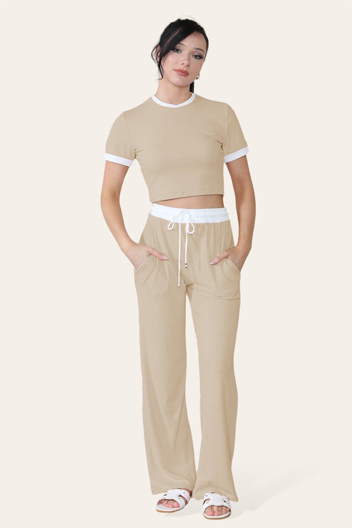Ribbed Contrast Wide Leg Flared Trousers And Top Loungewear TRS Cropped Set 🇬🇧