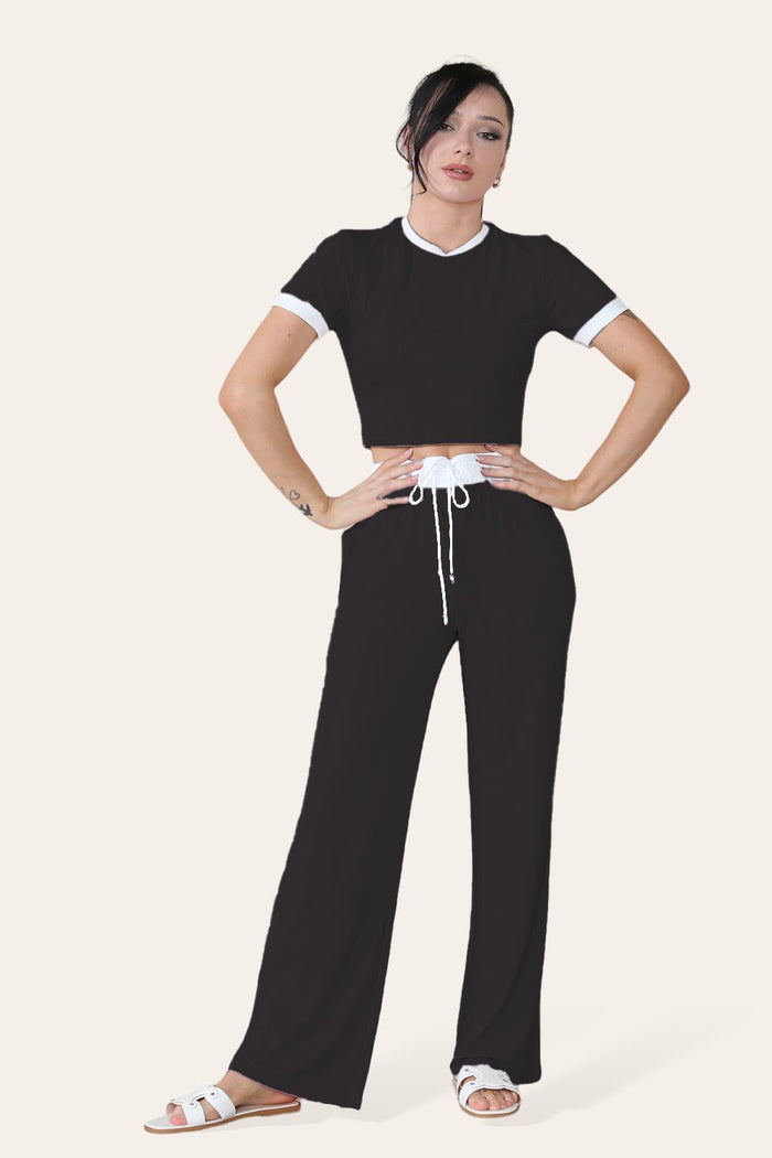 Ribbed Contrast Wide Leg Flared Trousers And Top Loungewear TRS Cropped Set 🇬🇧