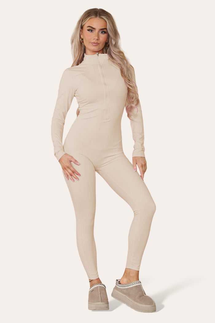 Ribbed High Neck Zipper Collar Jumpsuit Front Unitard Set 🇬🇧